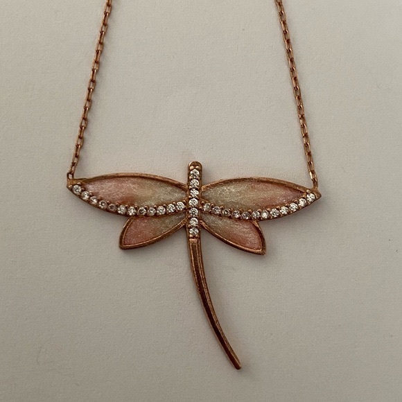 Jewelry - 925 Silver pink dragonfly enamel cz stones necklace 14K rose gold plated